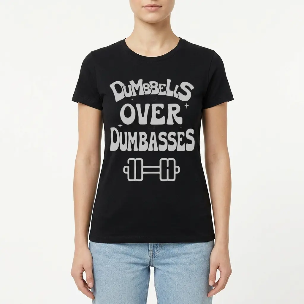 Dumbbells Over Dumbasses Funny Gym T-Shirt 4 Side view of Dumbbells Over Dumbasses shirt, showing sleeve shape.