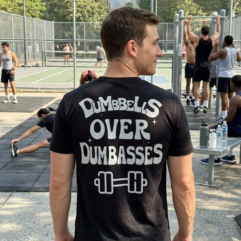 Dumbbells Over Dumbasses Funny Gym T-Shirt 6 Person wearing Dumbbells Over Dumbasses shirt in a casual setting.