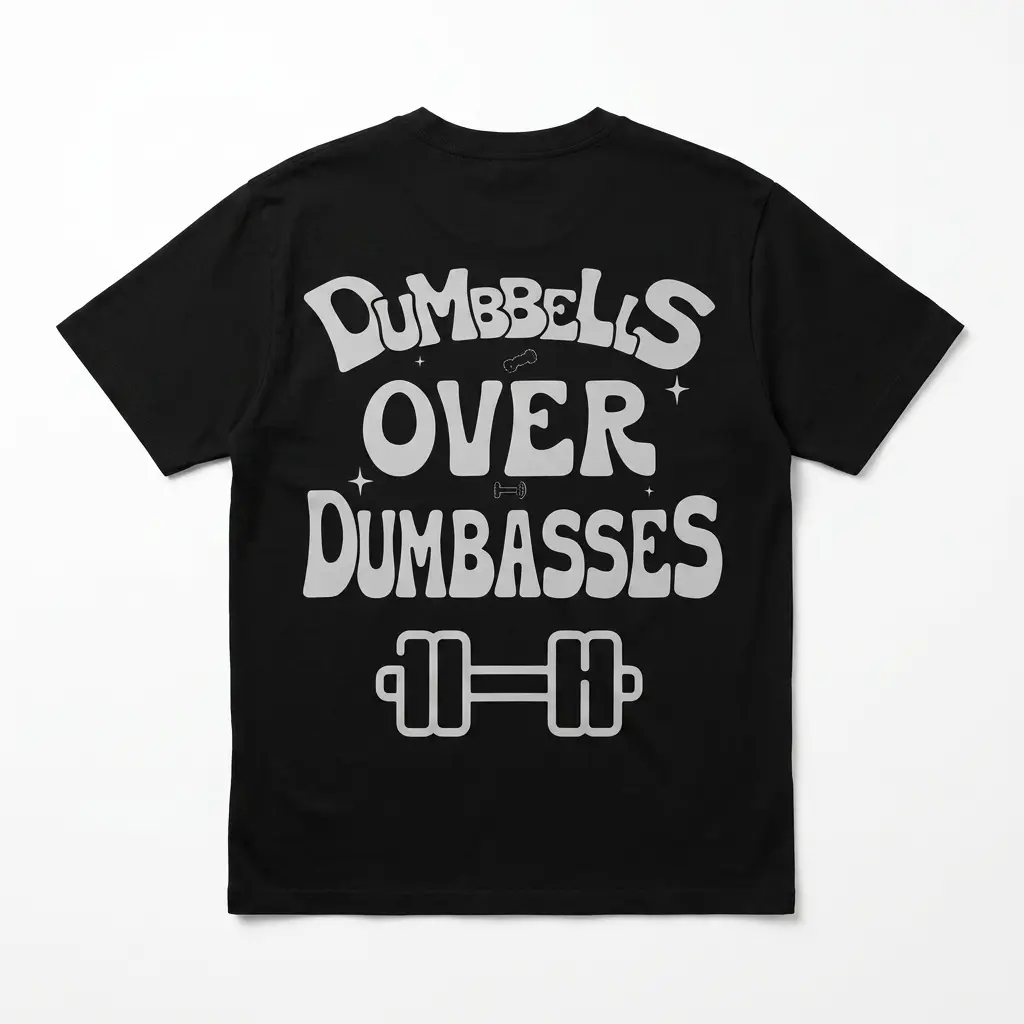 Dumbbells Over Dumbasses Funny Gym T-Shirt 1 Back view of black T-shirt with 'Dumbbells Over Dumbasses' print.