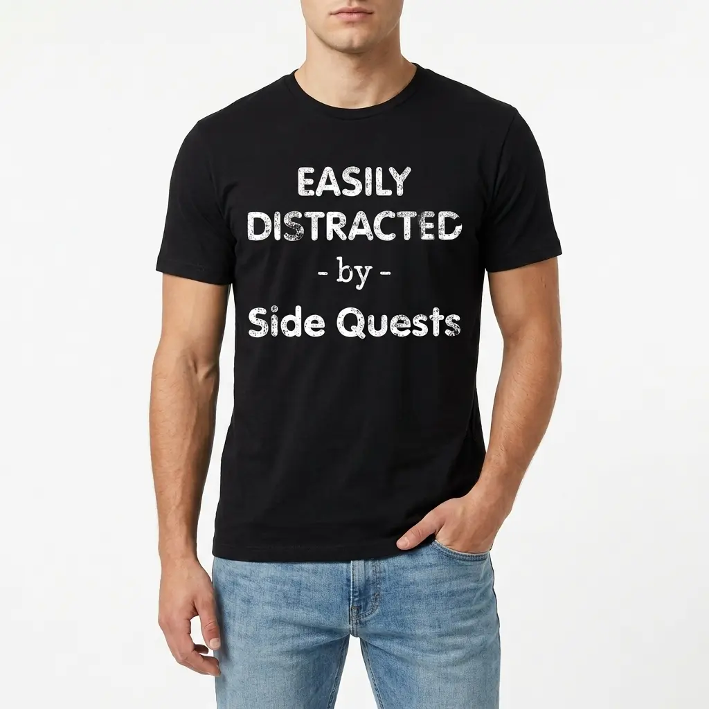 Easily Distracted By Side Quests Funny Gamer T-Shirt 3 Humorous gamer T-shirt showcasing 'Easily Distracted by Side Quests' phrasing, black color.