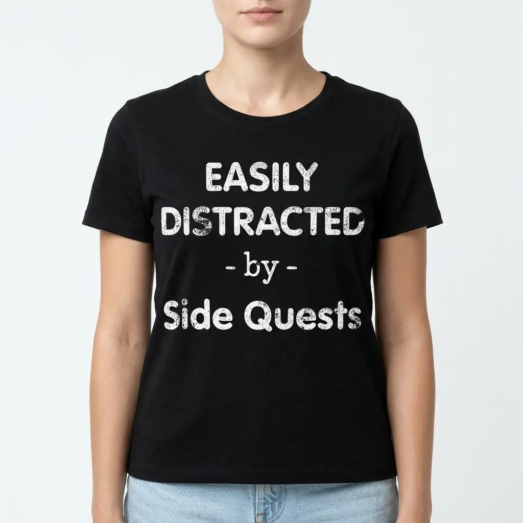 Easily Distracted By Side Quests Funny Gamer T-Shirt 4 Black gamer T-shirt reading 'Easily Distracted by Side Quests' in casual font.