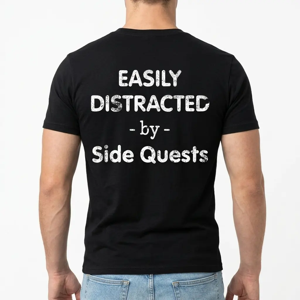 Easily Distracted By Side Quests Funny Gamer T-Shirt 5 Gaming meme shirt in black stating 'Easily Distracted by Side Quests'; casual style.