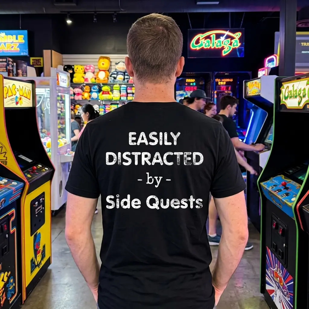 Easily Distracted By Side Quests Funny Gamer T-Shirt 6 Person wearing black T-shirt with 'Easily Distracted by Side Quests' text, outside setting.