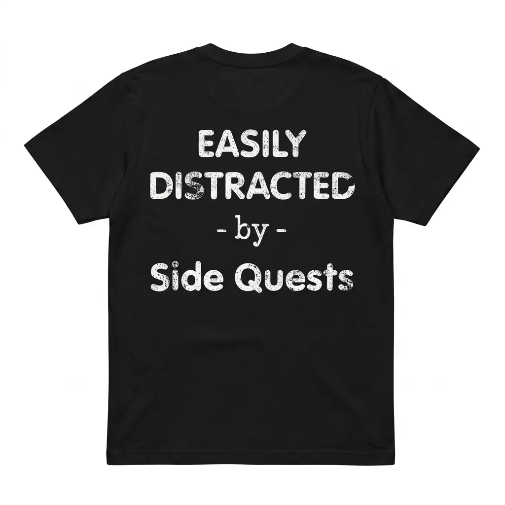 Easily Distracted By Side Quests Funny Gamer T-Shirt 1 Black T-shirt with 'Easily Distracted by Side Quests' text in white.