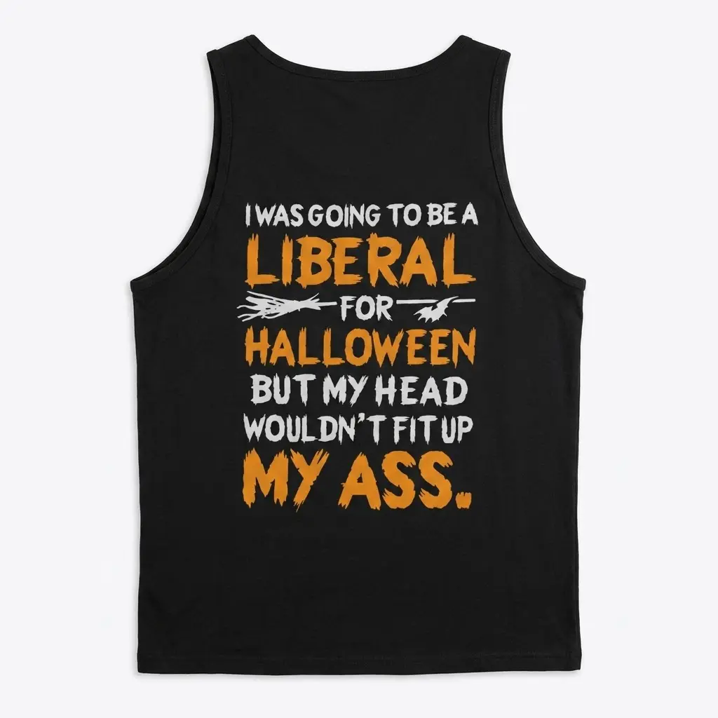Edgy Political Halloween Liberal Sarcasm T-Shirt 3 Back of a black tank top featuring the sarcastic political Halloween design in bold fonts.