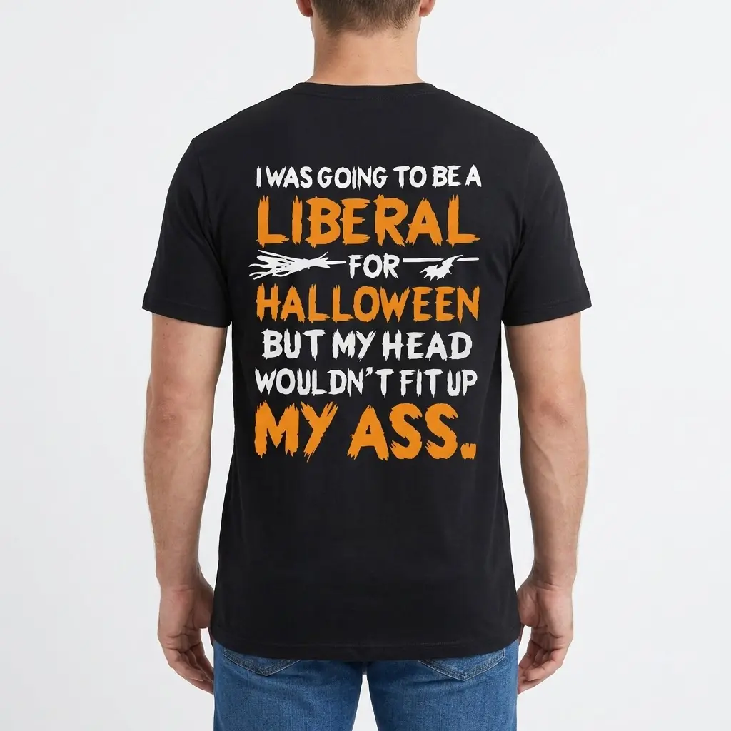 Edgy Political Halloween Liberal Sarcasm T-Shirt 4 Man wearing a black t-shirt with a sarcastic political Halloween message on the back.