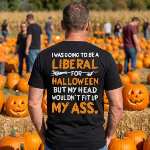 Edgy Political Halloween Liberal Sarcasm T-Shirt 10 Casual setting with a person wearing a black t-shirt displaying a sarcastic Halloween design.