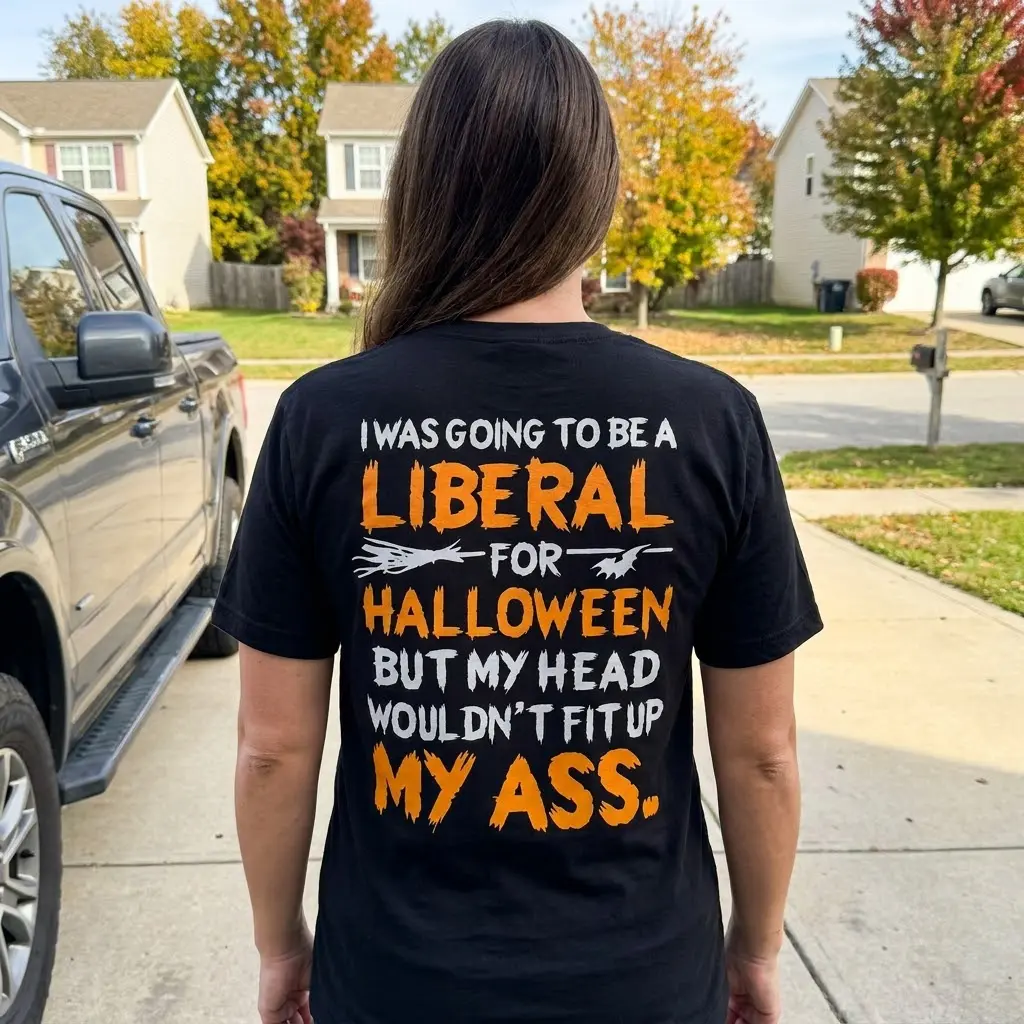 Edgy Political Halloween Liberal Sarcasm T-Shirt 6 Outdoor scene showing a person in a black t-shirt with an edgy political Halloween text.