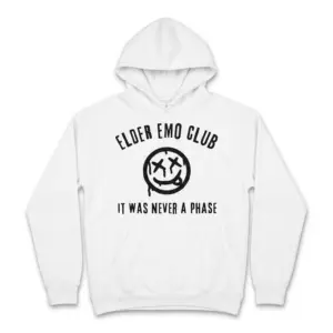 Elder Emo Club It Was Never A Phase T-Shirt 7 White shirt mockup displaying 'Elder Emo Club' slogan and grunge smiley design.