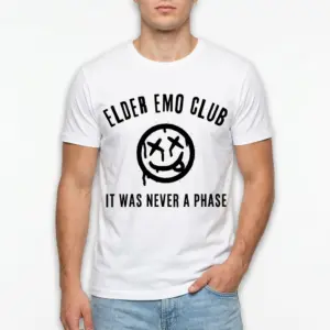 Elder Emo Club It Was Never A Phase T-Shirt 8 Front view of T-shirt with black lettering and smiley face design, 'Elder Emo Club' theme.