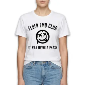 Elder Emo Club It Was Never A Phase T-Shirt 9 T-shirt featuring 'Elder Emo Club' and smiley graphic, shown on a plain background.