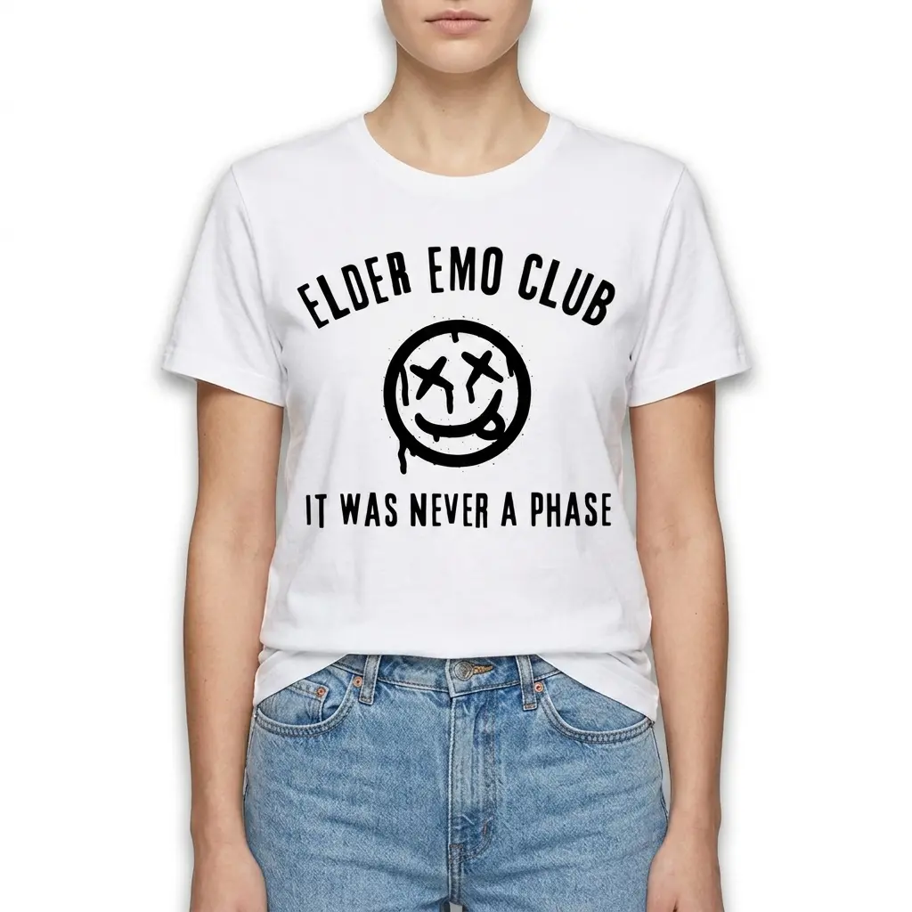 T-shirt featuring 'Elder Emo Club' and smiley graphic, shown on a plain background.