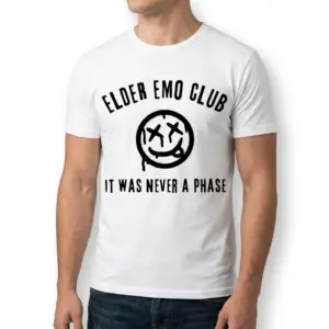 Elder Emo Club It Was Never A Phase T-Shirt 10 Mockup of T-shirt with 'It Was Never A Phase,' featuring a dripping smiley design.
