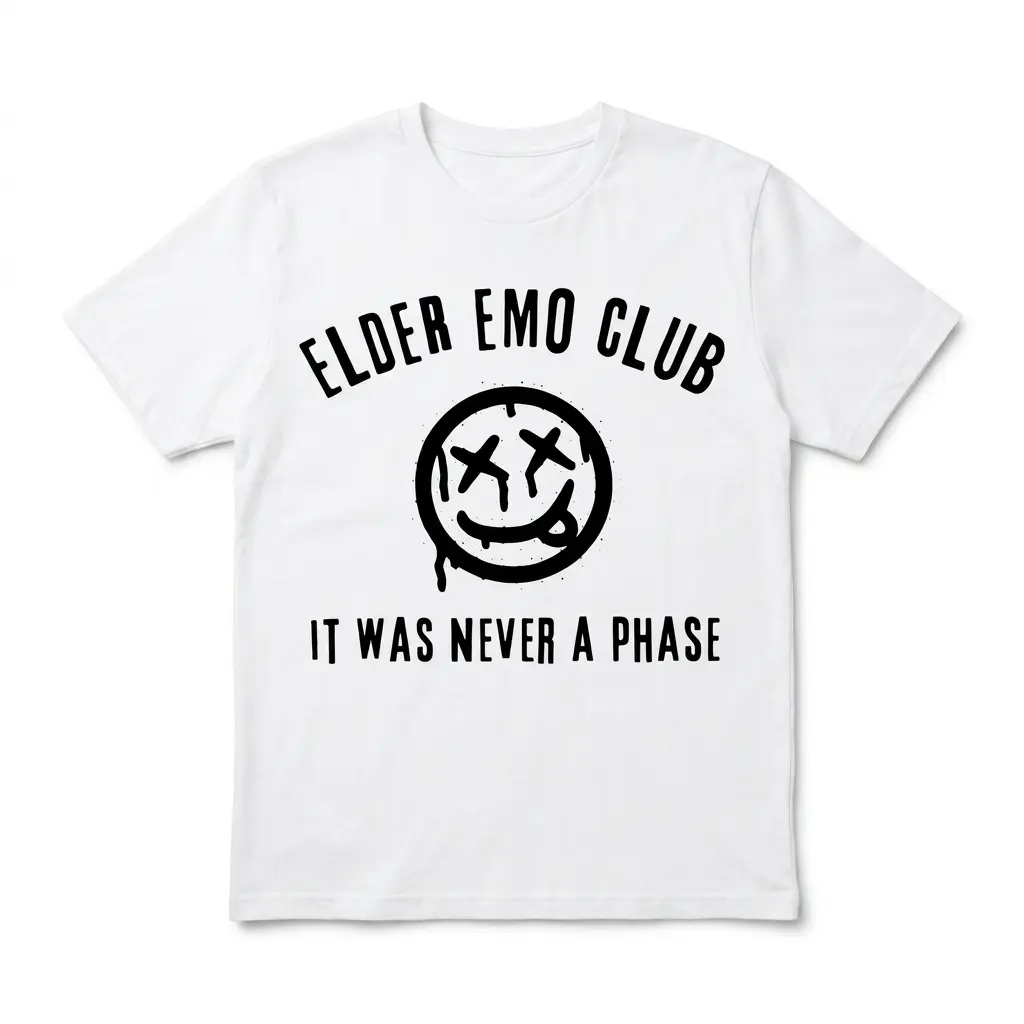 White T-shirt featuring black text 'Elder Emo Club' and 'It Was Never A Phase' with a grunge smiley.
