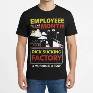 Employee of the Month Factory Gag T-Shirt 9 Front view of a male model wearing the satirical factory employee of the month graphic shirt.