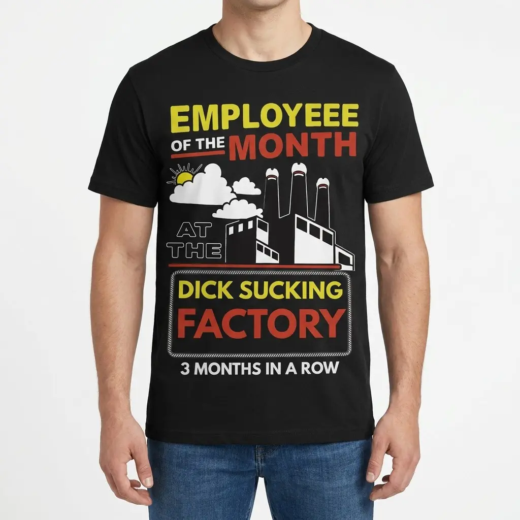 Front view of a male model wearing the satirical factory employee of the month graphic shirt.