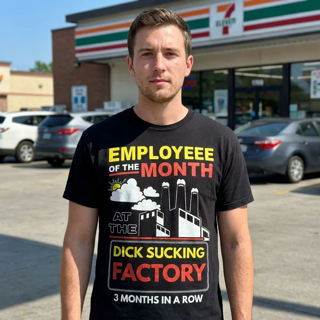 Lifestyle shot showcasing the Employee of the Month workplace parody graphic shirt in daily wear.