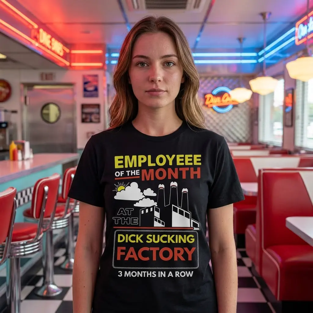 Lifestyle view of the satirical factory gag shirt worn in a casual everyday setting.