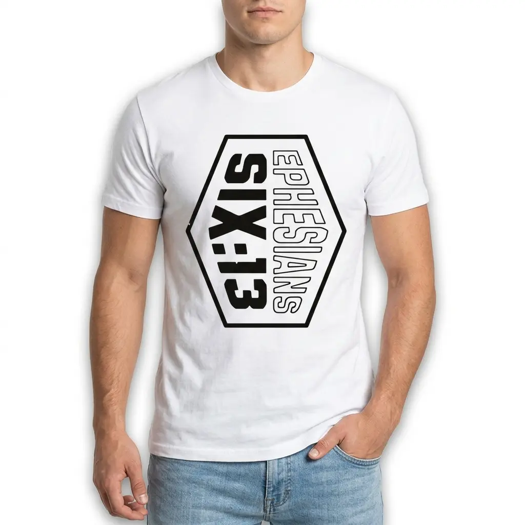 Ephesians 6:13 Scripture Christian T-Shirt 3 Close-up of 'Ephesians 6:13' design on white T-shirt.