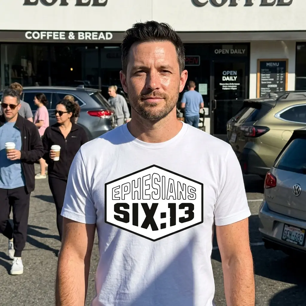 Ephesians 6:13 Scripture Christian T-Shirt 6 Model wearing 'Ephesians 6:13' Christian T-shirt in casual setting.