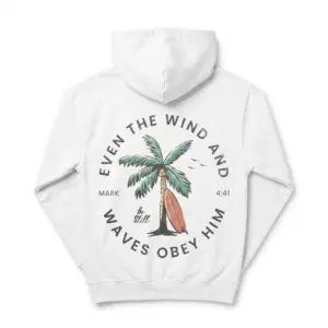 Even The Wind And Waves Obey Him Surf T-Shirt 7 Front view of Christian Surf Shirt with religious message and surf theme.