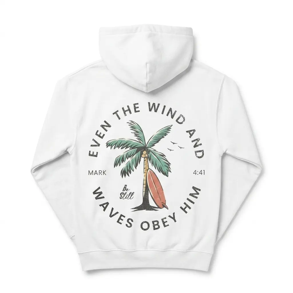 Even The Wind And Waves Obey Him Surf T-Shirt 2 Front view of Christian Surf Shirt with religious message and surf theme.