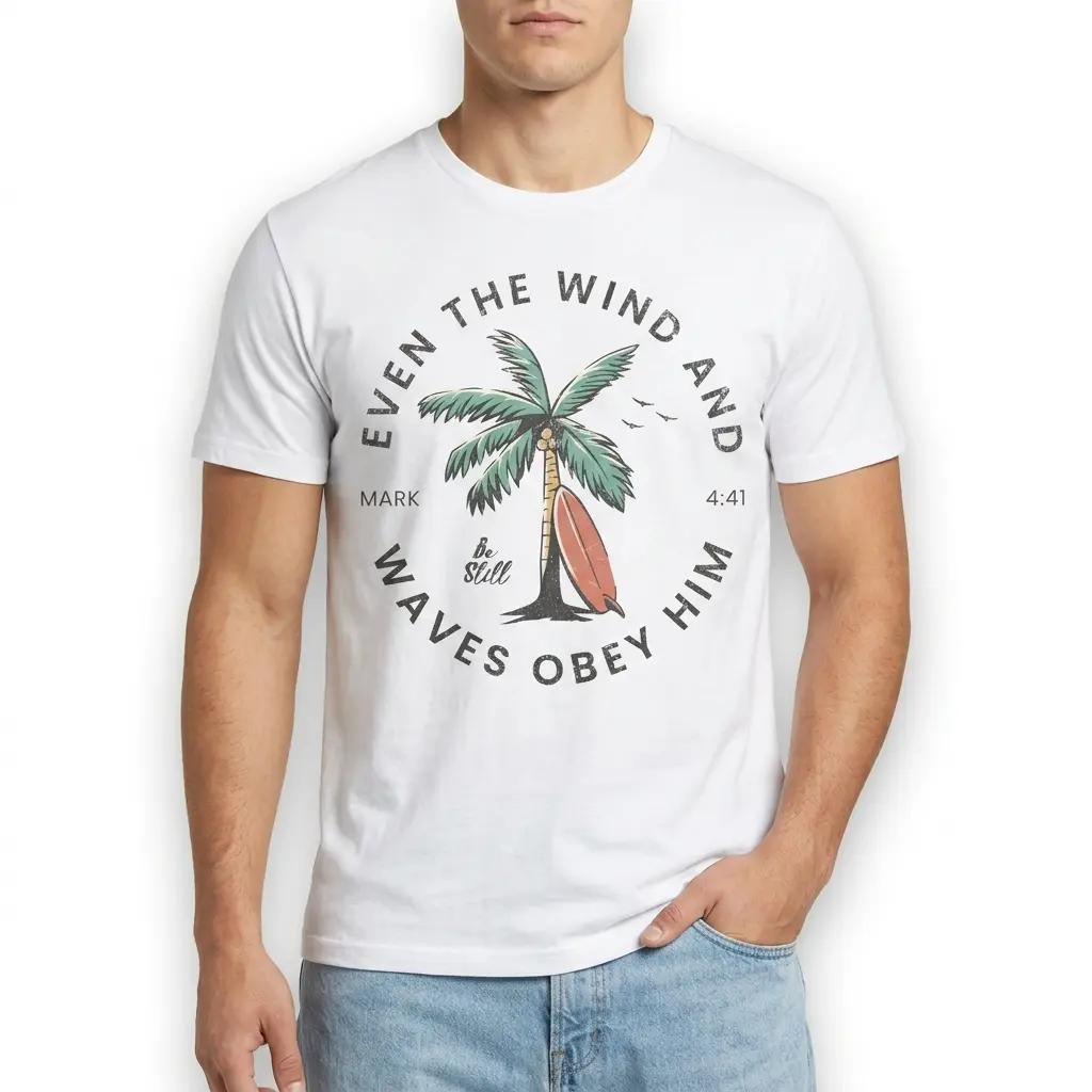Even The Wind And Waves Obey Him Surf T-Shirt 3 Detail of Christian Surf Shirt showing palm tree and surfboard illustration.