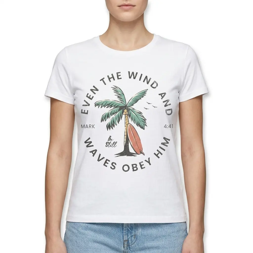 Even The Wind And Waves Obey Him Surf T-Shirt 4 Close-up of text on Christian Surf Shirt: 'Even The Wind And Waves Obey Him'.
