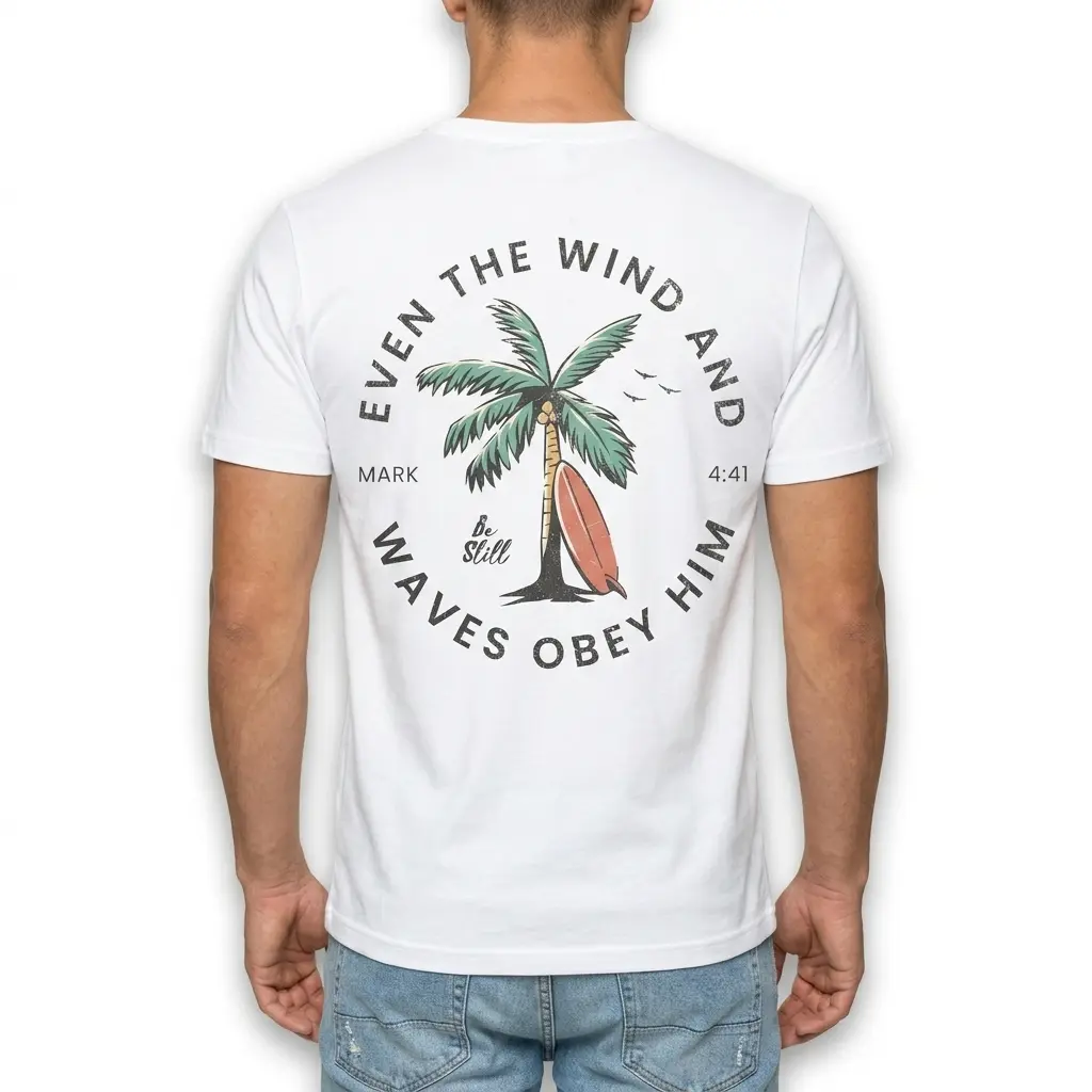 Even The Wind And Waves Obey Him Surf T-Shirt 5 Back of Christian Surf Shirt featuring faith-inspired design and seaside elements.