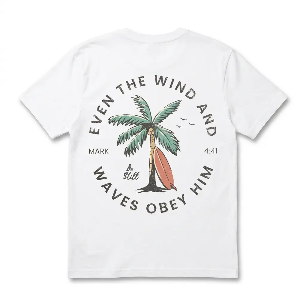Even The Wind And Waves Obey Him Surf T-Shirt 1 Christian Surf Shirt with palm tree and surfboard design, text reads 'Even The Wind And Waves Obey Him'.