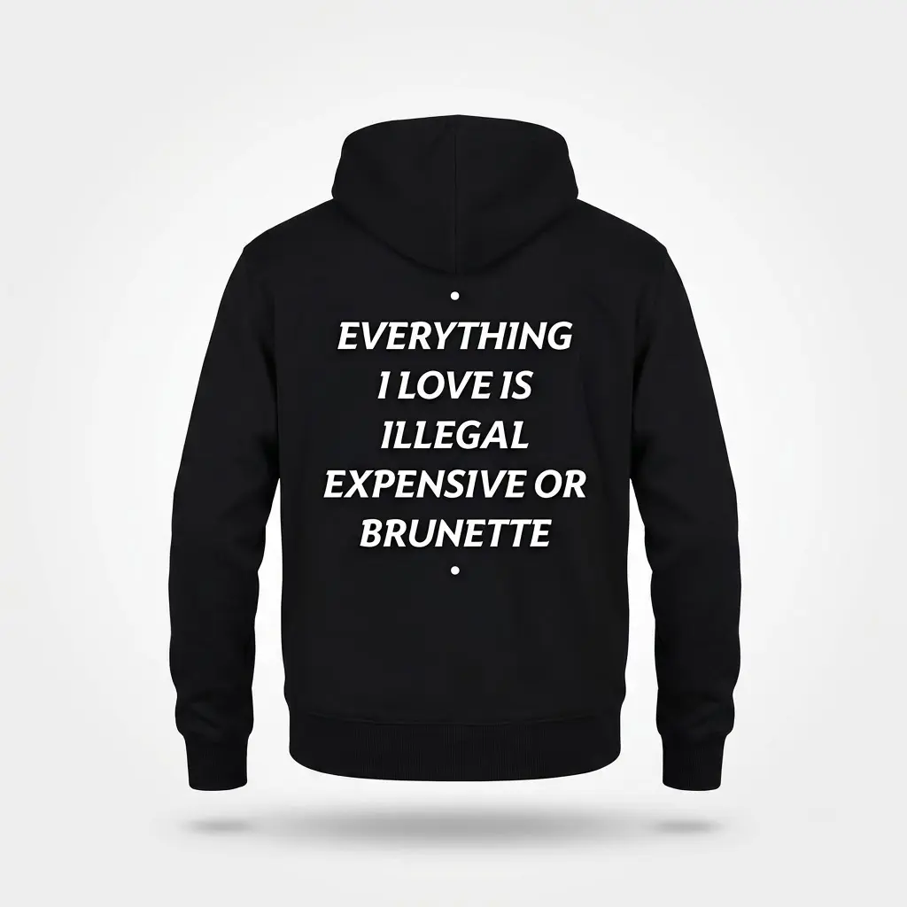 Back flat lay of a black hoodie printed with the humorous white quote Everything I Love Is Illegal Expensive Or Brunette.