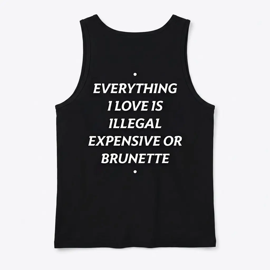 Back flat lay of a black tank top displaying the witty text Everything I Love Is Illegal Expensive Or Brunette in white.