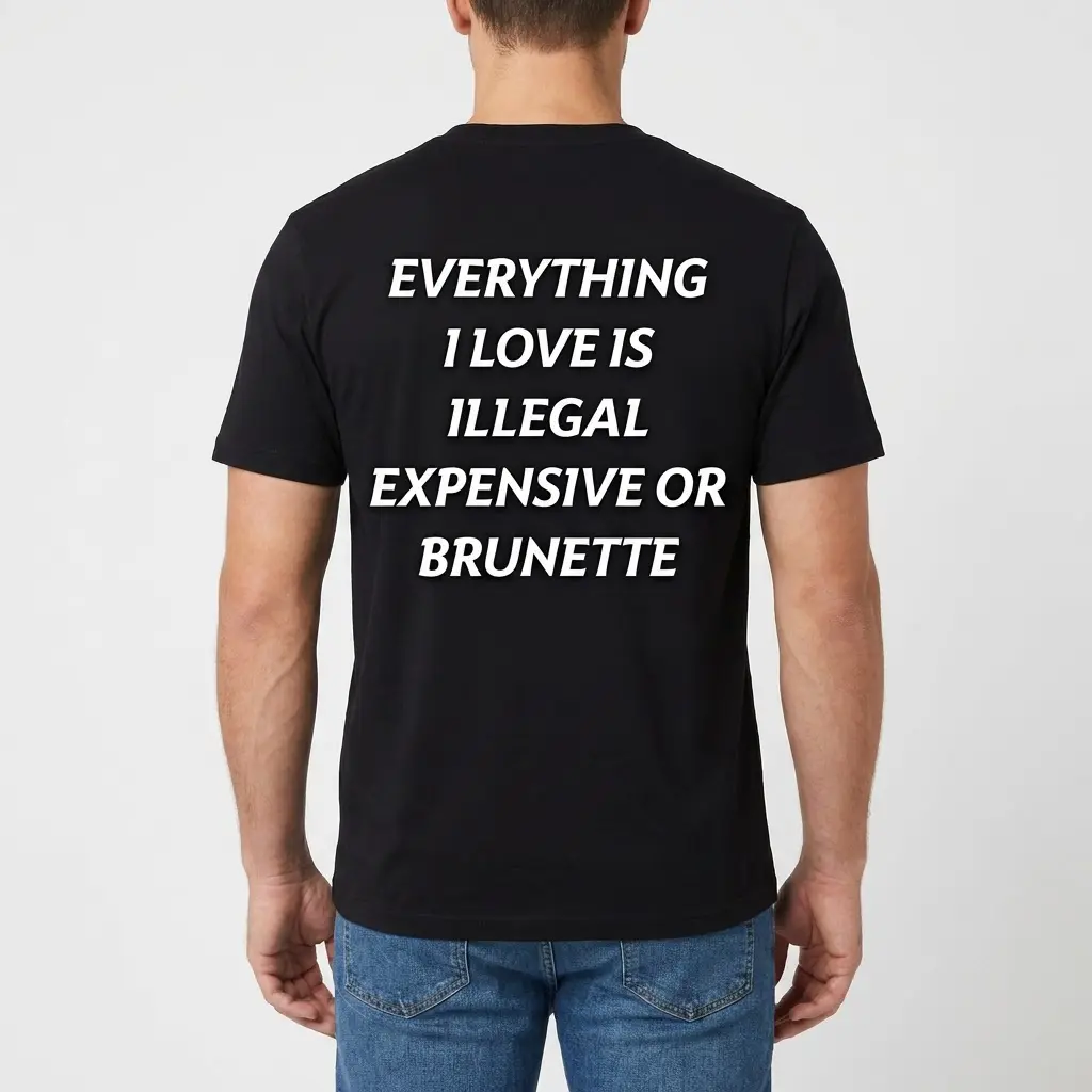 Back view of a man wearing a black graphic t-shirt printed with the quote Everything I Love Is Illegal Expensive Or Brunette.
