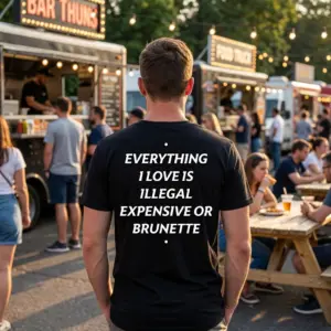 Everything I Love Is Brunette T-Shirt 10 Lifestyle view of the black t-shirt showing the back print Everything I Love Is Illegal Expensive Or Brunette in a casual setting.