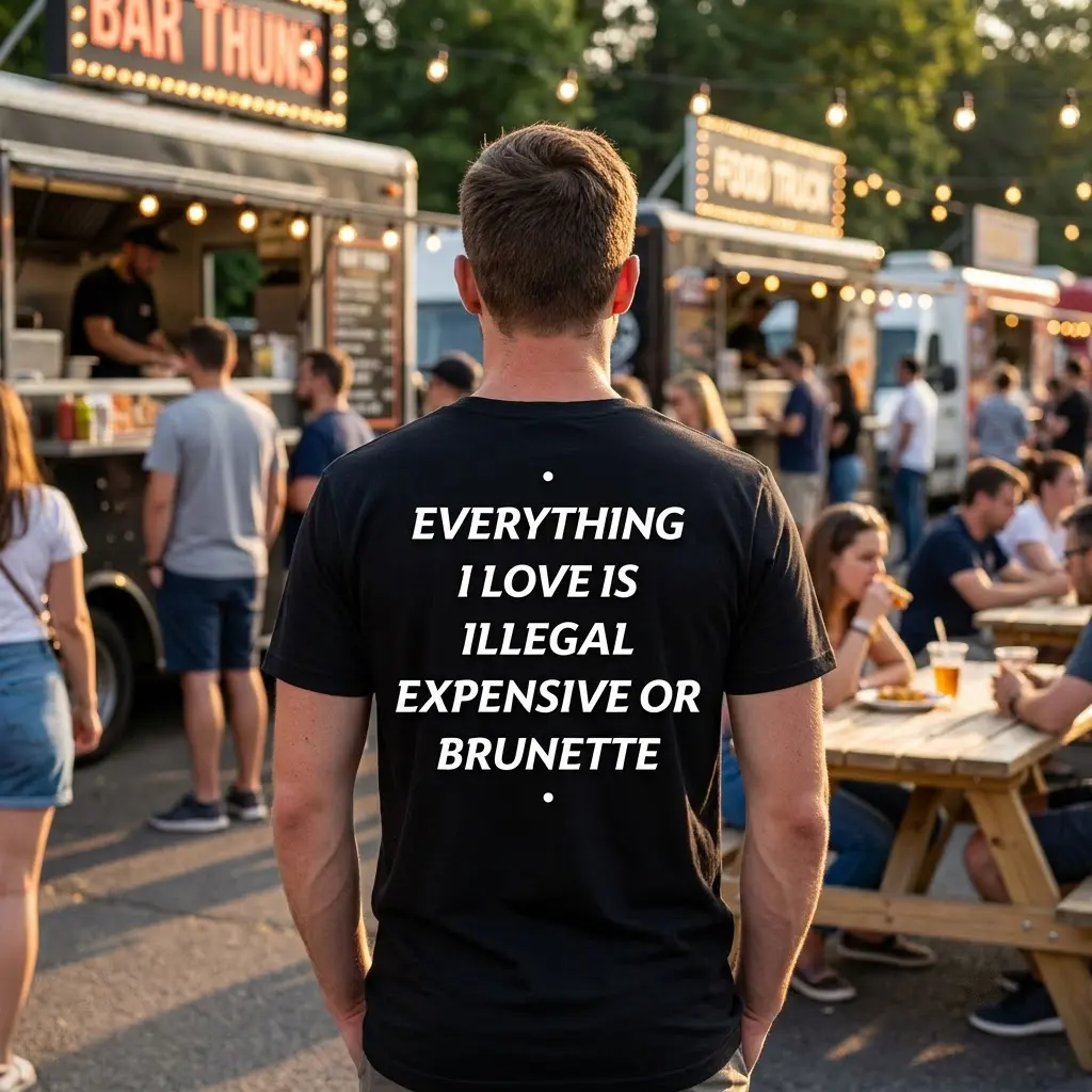 Lifestyle view of the black t-shirt showing the back print Everything I Love Is Illegal Expensive Or Brunette in a casual setting.