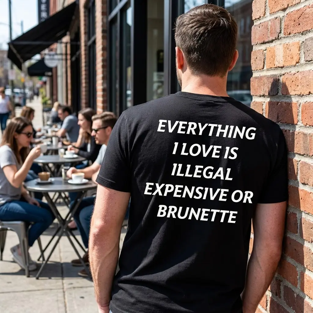 Lifestyle shot highlighting the back design of the black tee featuring the quote Everything I Love Is Illegal Expensive Or Brunette.