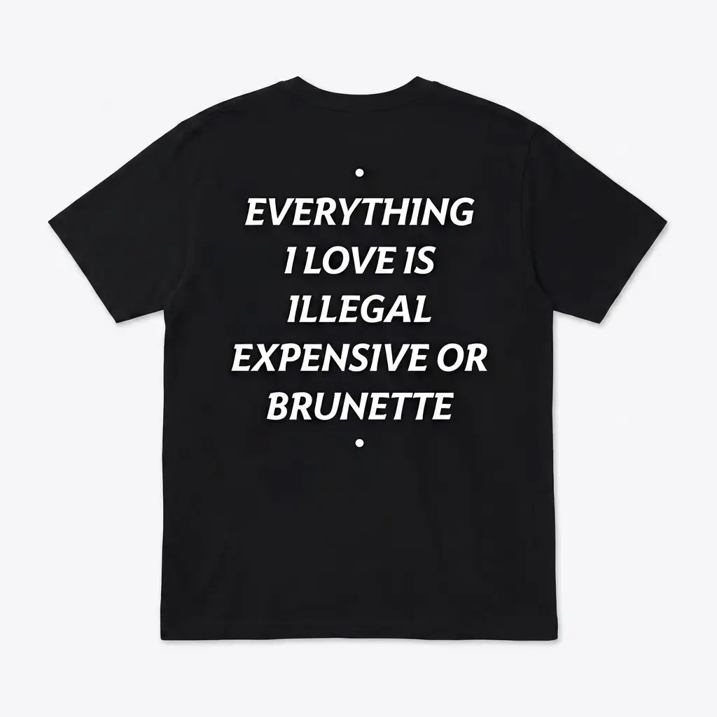 Back flat lay of a black t-shirt featuring the white text Everything I Love Is Illegal Expensive Or Brunette.