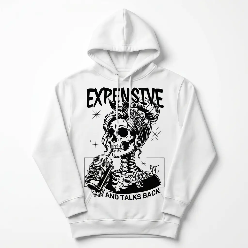 Expensive Difficult Talks Back Skeleton T-Shirt 2 Front view of T-shirt featuring a skeleton sipping a drink.