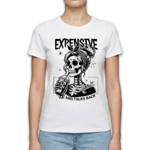 Expensive Difficult Talks Back Skeleton T-Shirt 9 Close-up of graphic T-shirt with skeleton artwork.