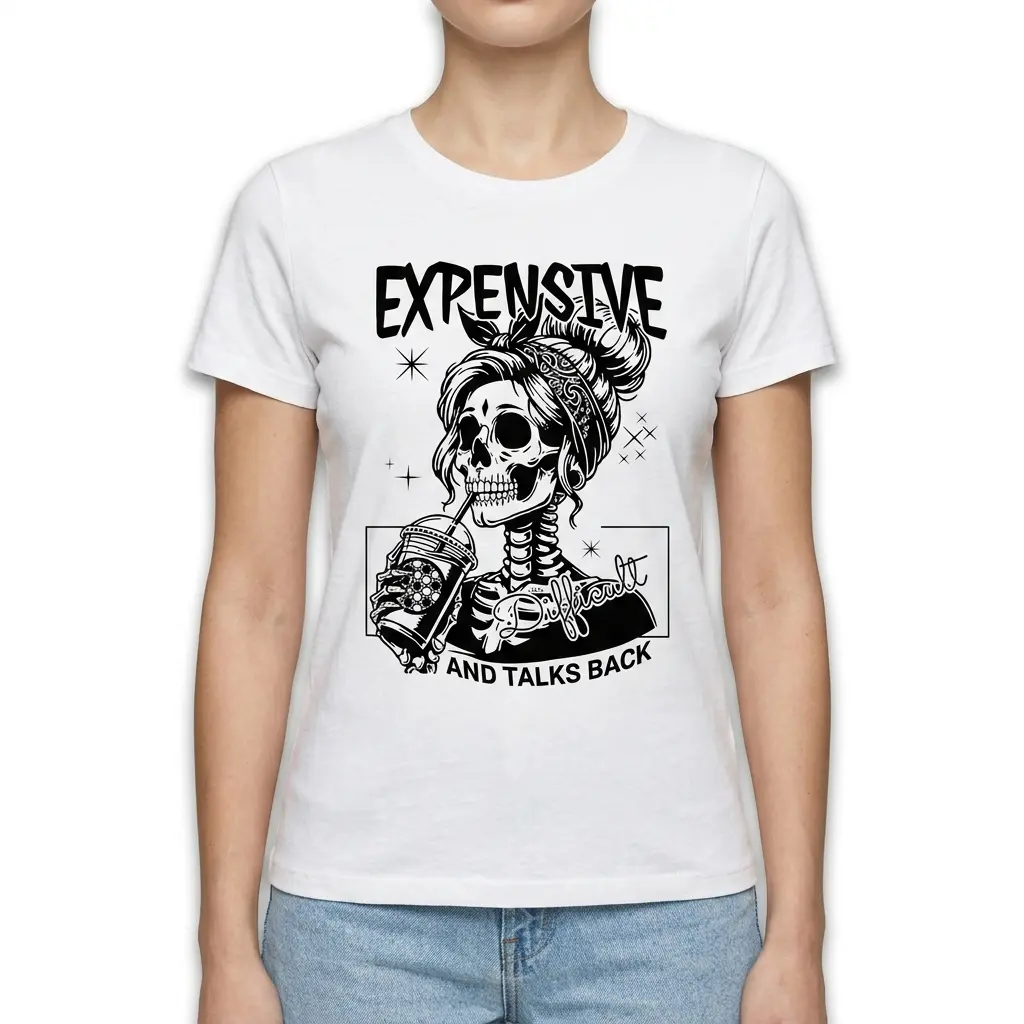 Expensive Difficult Talks Back Skeleton T-Shirt 4 Close-up of graphic T-shirt with skeleton artwork.