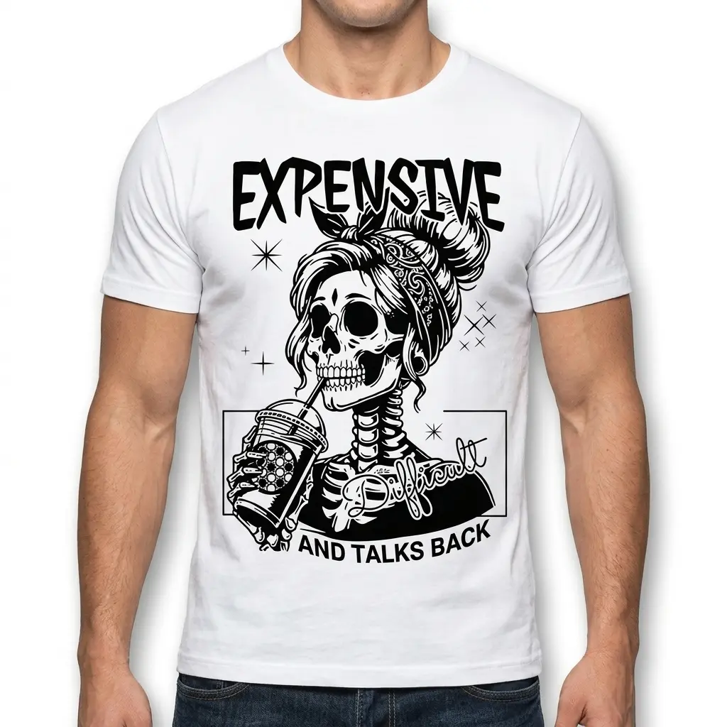 Expensive Difficult Talks Back Skeleton T-Shirt 5 Skeleton-themed tee with 'expensive' text design.