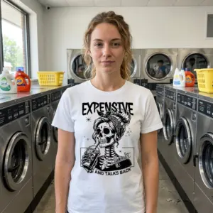 Expensive Difficult Talks Back Skeleton T-Shirt 11 Model wearing a skeleton-themed meme T-shirt.