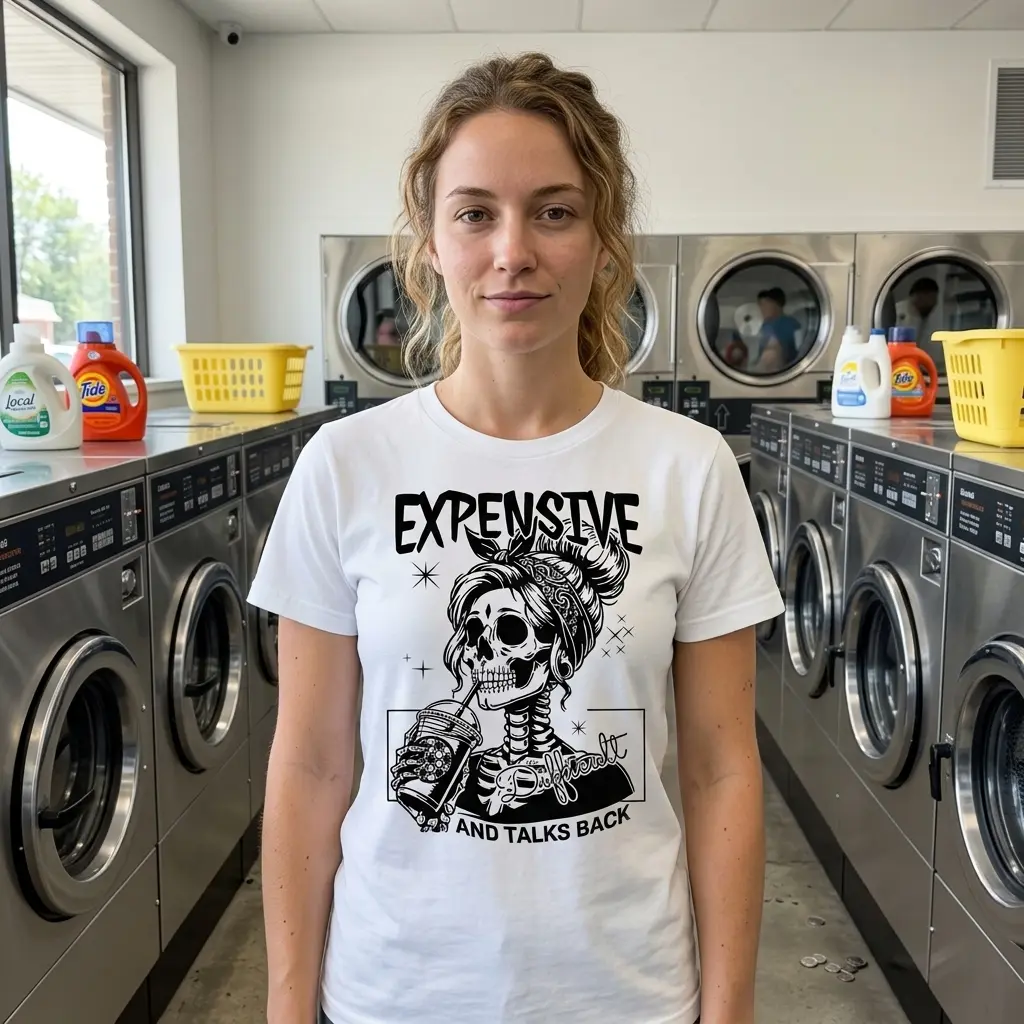 Expensive Difficult Talks Back Skeleton T-Shirt 6 Model wearing a skeleton-themed meme T-shirt.