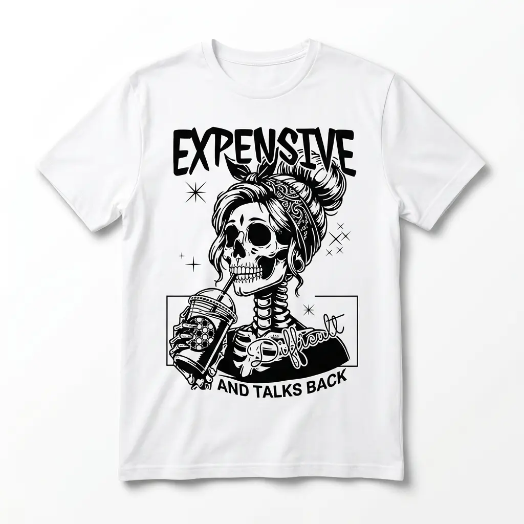 Expensive Difficult Talks Back Skeleton T-Shirt 1 White T-shirt with sassy skeleton and slogan design.