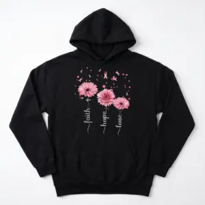 Faith Hope Love Breast Cancer Ribbon T-Shirt 7 Black T-shirt featuring pink ribbons and flowers with inspirational words.