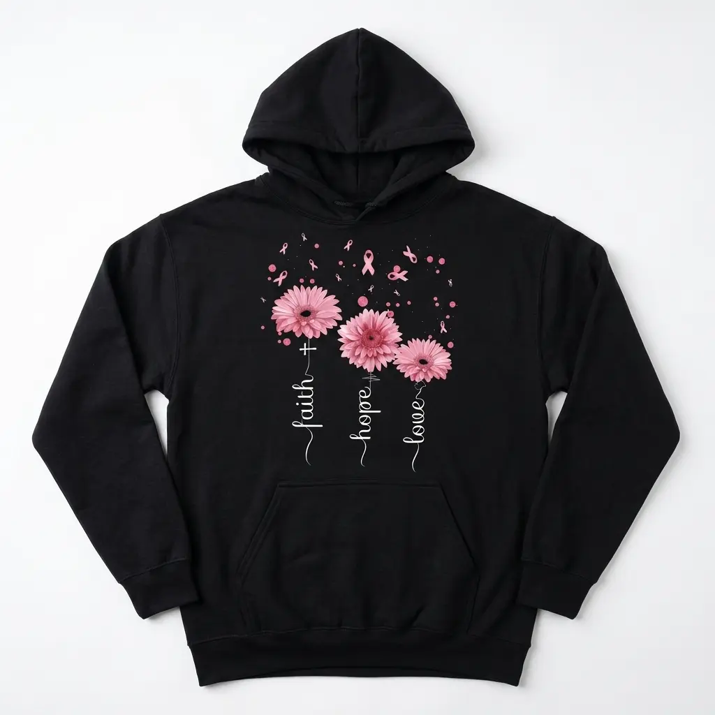 Faith Hope Love Breast Cancer Ribbon T-Shirt 2 Black T-shirt featuring pink ribbons and flowers with inspirational words.