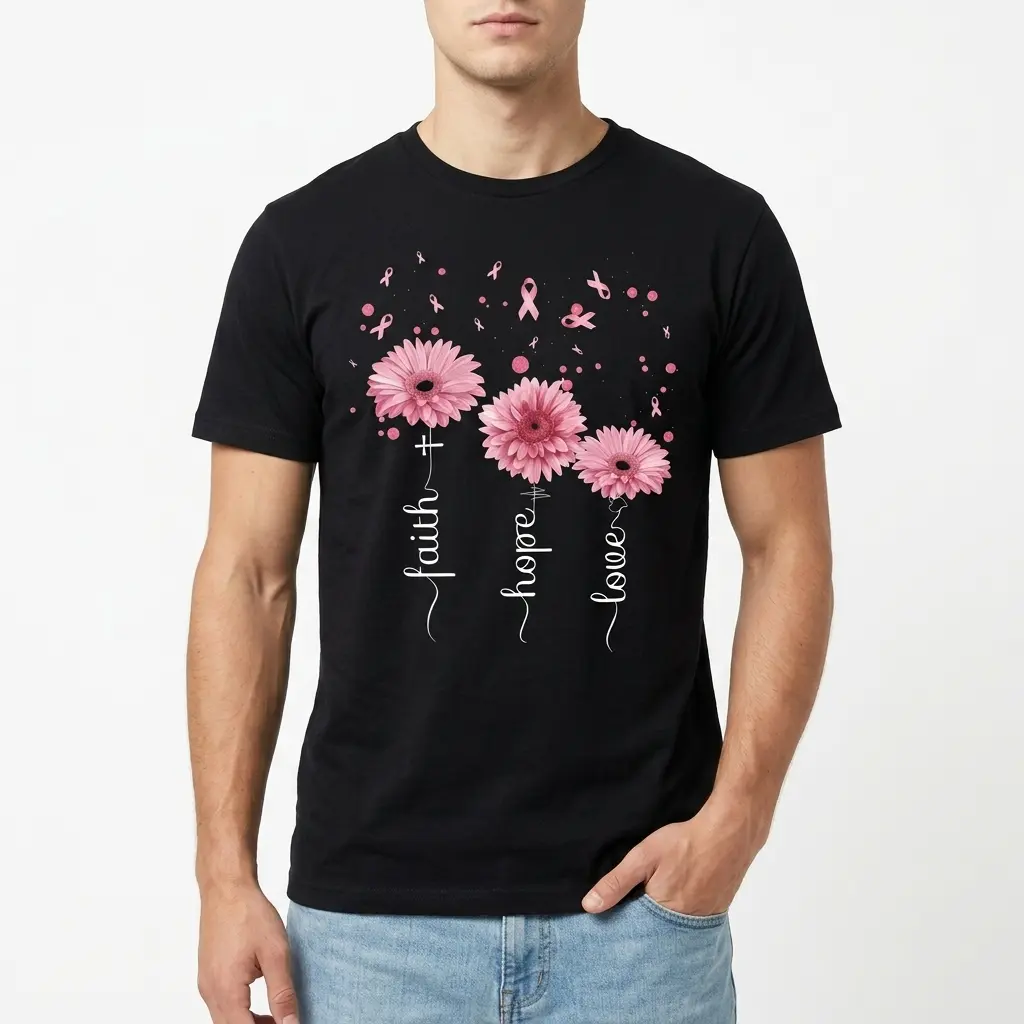 Faith Hope Love Breast Cancer Ribbon T-Shirt 3 T-shirt showcasing breast cancer awareness theme with pink graphics.