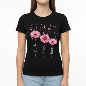 Faith Hope Love Breast Cancer Ribbon T-Shirt 9 Christian shirt with pink ribbons, flowers, and words Faith, Hope, Love.