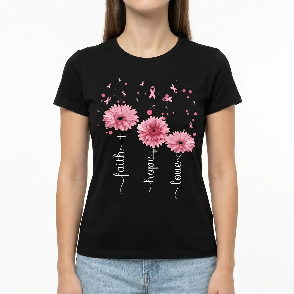 Faith Hope Love Breast Cancer Ribbon T-Shirt 4 Christian shirt with pink ribbons, flowers, and words Faith, Hope, Love.