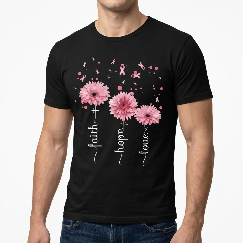 Faith Hope Love Breast Cancer Ribbon T-Shirt 5 Breast cancer awareness shirt in black with pink decorative design.
